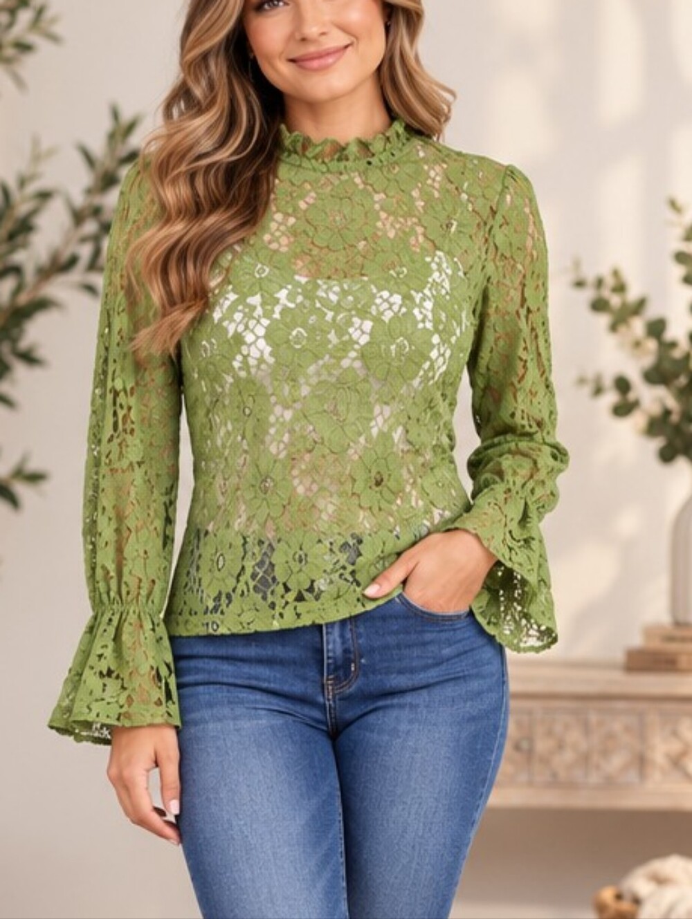 Lace Mock-Neck Long-Sleeve Top - Green Sheer Top Size Small